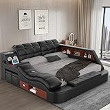 WAQINBR Multifunctional Queen Size Bed Frame, Modern Luxury Smart Bed with Massage Recliner/Music Speaker/USB Port/Storage Drawers, Adjustable Leather Upholstered Headboard, Black