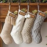 Pawliss Personalized Knitted Christmas Stockings: 4 Pack 18 Inch Cable Knit Christmas Stockings, Cozy Hanging Xmas Stockings Boho Farmhouse Decorations for Family Holiday Décor, White Gray Beige