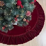 Starry Dynamo 60-Inch Ruffled Velvet Christmas Tree Skirt with Foam Padding, Nylon Backing and Lace-Up Tie Closure, Burgundy
