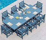 SERWALL 9 Piece Outdoor Dining Set, 84" HDPE Outdoor Table and Chairs for 8，All Weather Patio Furniture Set with Umbrella Hole for Backyard, Garden, Blue