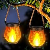 Jyoiat Solar Lanterns Outdoor Waterproof - 2 Pack Hanging Solar Flame Lights with Dual Charging Modes of Solar & USB for Garden Yard Patio Decorative (Warm White - 2 Pack)