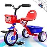 Tricycle for Toddlers 1-3 3-5 Year Olds, Spider Toddler Bike Baby Balance Bike with Colorful Lighting Wheels & Large Basket, Birthday Gift and Toy for 1 2 3 4 5 Year Olds Boys and Girls