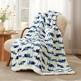 Amélie Home Chunky Knit Throw Blanket for Couch, Soft Chenille Crochet Blanket for Sofa, 50"x60", Space-Dyed Blue Striped