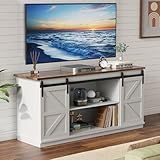YESHOMY Farmhouse TV Stand for Televisions up to 65 Inches, Sliding Barn Doors and Storage Cabinets, Console Table and Media Furniture for Living Room, 58 Inch, Milk White