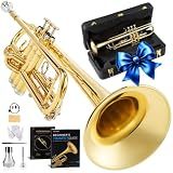 AKLOT Hand-Hammered Bell Bb Trumpet: Smooth Valve Action, Clear-Lacquered Brass Body, Standard Trumpet Beginner Set with Leather Case, Lesson Book, Trumpet Mute, Mouthpiece, Cleaning Kit (SNR-BrzSF)