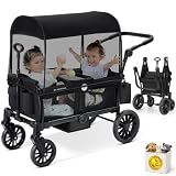 ELEMARA Foldable Wagon Stroller, Stroller Wagon for 2 Kids, Premium All Terrain Wagon for Kids with Removable Canopy, Adjustable Push/Pull Handle, Harnesses, Large Storage Bag, Black