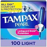Tampax Pearl Tampons, with LeakGuard Braid, Light Absorbency, Up to 100% Leak and Odor Free Protection, Unscented, 100 Count (2 Packs of 50) (Packaging May Vary)