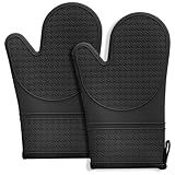 Hovico Silicone Oven Mitts, Heat Resistant 500F Kitchen Mitts 2PCS, 11.6" BPA-Free Soft Baking Gloves, Non-Slip Grip Oven Gloves with Soft Cotton Lining for Kitchen Cooking Baking BBQ - Black