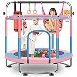 60" Toddler Trampoline for Kids, 5FT Adjustable Trampoline Indoor Outdoor with Enclosur Net, Mini for Kids 3-10, 880lbs Capacity, Adjustable Gymnastics Bar, Swing, Basketball Hoop