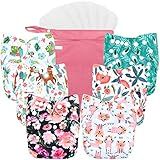 Wegreeco Cloth Diapers 6 Pack with Inserts & Wet Bag, Washable Reusable Diapers for Babies, One Size Adjustable (Flower)