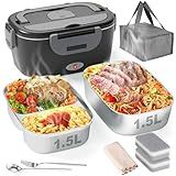 Geveniss Electric Lunch Box for Men, Women & Adults - 80W Fast Heating - Heated Lunch Box with Dual 1.5L SS Containers - Portable Food Warmer for Car, Truck, Office