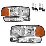KarSpareHub Headlights Assembly for 99-07 GMC Sierra, Compatible with 99-06 GMC Yukon Headlamp Replacement Chrome Housing Driver & Passenger Side