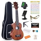 ADM Soprano Ukulele Beginner Kit Mahogany Hawaiian Wood Ukelele Bundle Ukalalee Set with Uke Free Starter Lessons for kids Students and Adults, Yellow Brown (Khaki, 21 inch)