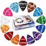 60 Pack Guitar Picks with Organizer Storage Box, 0.5 0.58 0.75 0.84 1.0 1.2mm Includes Thin Medium Heavy Thickness, Variety Colorful Celluloid Plectrums for Bass Electric Acoustic Guitars Ukulele