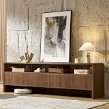 AMERLIFE 70" Modern TV Stand for TVs Up to 80", Wood TV Console with Curved Profile Design & 2 Storage Cabinets, Media Console Entertainment Center for Living Room, Brown
