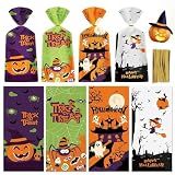 50 Pack Halloween Treat Bags - Plastic Halloween Goodie Bags, Happy Halloweens Candy Bag, Trick or Treat Snack Gift Cellophane Bags with Twist Ties for Kids Hallowen Party Birthday Supplies Favors