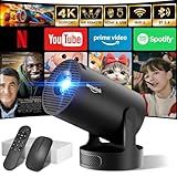 [Built-in Apps & 2025 Upgraded] Mini Projector with WiFi 6 and Bluetooth 5.4 Support 4K 1080P Auto Keystone 180° Rotatable Projector Portable Compatibile with HDMI/TV Stick/Memory Stick/Laptop, Black