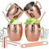 Amrules Moscow Mule Mugs Set of 4, 16 OZ Hammered Copper Cups with 304 Stainless Steel Lining and Gold Brass Handles, Includes Straws, Opener, Jigger, Brush, Fit for Cold Drinks, Bars, Parties