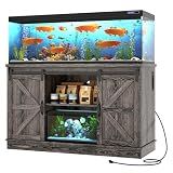 Hlivelood Farmhouse 55-75 Gallon Fish Tank Stand with Power Outlet, Aquarium Stand w/Cabinet&Sliding Barn Door, Heavy Duty Reptile Tank Stand for Fish/Turtle/Reptile Terrarium, 1000LB Capacity, Grey