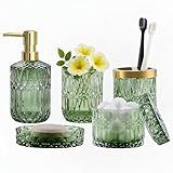 LaMarriti Green Bathroom Accessories Set, 5Pcs Clear Glass Bathroom Sets Accessories, Soap Dispenser, Soap Dish, Toothbrush Holder Set, Tumbler, Qtips Holder for Vintage Crystal Bath Decor