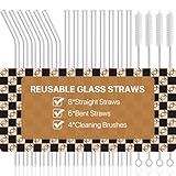 18-Pack Glass Straws, Reusable Clear Glass Drinking Straws Set, 8.5 Inch x 10mm - Includes 8 Straight and 6 Bent with 4 Straw Cleaner Brush, Perfect for Smoothies, Milkshakes, Juice, Tea