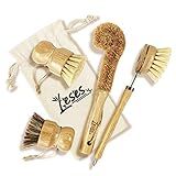 LESES Dish Brush Natural Bamboo Dish Scrub Brush Set with Handle 100% Plastic Free Eco Friendly Cleaning Brushes for Kitchen Cleaning Dish, Bottle, Pots, Pans