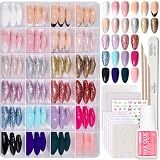 Beetles Press on Nails Kit 720Pcs 24 Colors, Short Almond Press on Nail Glossy Matte Glitter with Nail Glue & Nail Tabs Stickers, Natural Fit Lightweight Fake Nails Kit Art for Women Girls