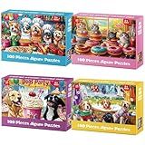 4-Pack 100 Piece Puzzles for Kids Ages 6-8 8-10 Year Old Large Piece Puzzles for Seniors 100 Pieces Jigsaw Puzzles for Kids Ages 4-6, Learning Educational Toys for Boys and Girls- Dogs Kittens Donuts