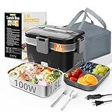 Electric Lunch Box for Adults, 2.8L Double Layer 100W Fast Heated Lunch Box, Heating Food Heater Warmer for Home Office Car Truck Use, Extra Large Lonchera Electrica Portátil 12/24V/110-230V, Black