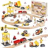 Lehoo Castle Wooden Train Set, Construction Toys Train Set for Toddlers 2-4, Wooden Train Track for Kids w/Crane, Railway Playset Toys for 3 Year Old Boys Girls