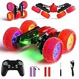 28°C Remote Control Car RC Cars, 360°Rotating RC Race Car Toy with Headlight Wheel Light, 2.4Ghz Double-Side Roll 4WD Rock Crawler, Birthday Gifts for Boys Girls Age 3+ Year Old Kids Toys (Red)