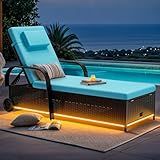 YITAHOME Outdoor Chaise Lounge Chair with LED Lights, Patio Wicker Lounge Chairs with 5-Level Backrest, Storage and Wheels for Pools, Deck, Balcony, Garden, Black & Blue