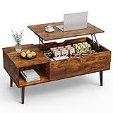 Sweetcrispy Lift Top Coffee Tables for Living Room, Small Rising Wooden Center Tables with Storage Shelf and Hidden Compartment, Brown