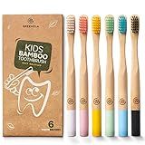 GREENZLA Kids Bamboo Toothbrushes, Natural Toothbrush Set, Soft Bristles, Durable Charcoal Wooden Brushes, Compostable Design for Toddlers and Children, 6 Pack