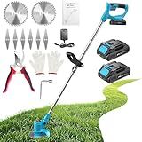 Weed Wacker, Cordless String Trimmer 21V with 2 Batteries 2.0Ah, 2 Types Metal Blades Powered Grass Trimmer, Pruning Shears, Adjustable Pole Weed Trimmer for Garden and Yard Lawn, Blue