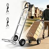 2 in 1 Hand Truck, 600 Lbs Capacity, Dolly Cart with Wheels 10" All-Terrain Tires, Heavy Duty Alloy Steel Dolly with Dual Handles, 2 Bungee Cord for Warehouse, Home, Office, Dormitory, Silver