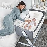 PEARLOVE 3 in 1 Baby Bassinet Bedside Sleeper, Bedside Crib with 6 Adjustable Height, Soft Mattress & Wheels, Portable Easy to Assemble Bassinet, Baby Cribs for Infant Newborn