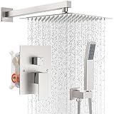IUERASD Shower Faucet Set with Shower Head, Wall Mount 10 Inch Square Rainfall Shower Head and Handle Set Single Handle Shower System Set with Female Threads Valve Body and Trim Included(Brush Nickel)