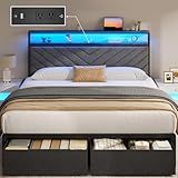 Fluest Queen Bed Frame with 2 Drawers, Upholstered Headboard with Storage and Charging Station, LED Lights, Fabric Drawers with Wheels, Under Bed Storage, No Box Spring Needed, Easy Assembly, Grey