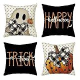 AVOIN colorlife Happy Halloween Cute Ghost Trick or Treat Throw Pillow Covers, 18 x 18 Inch Polka Dot Pumpkin Bat Cushion Case for Sofa Couch Set of 4, Black