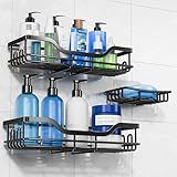 OMAIRA 3-Pack Shower Caddy with Soap Holder, Adhesive Rustproof No-drill Strudy Loading Inside Shower Organizer Shelves Rack Storage Bathroom Organization for Smooth Wall Glass Tile, Black (Large)