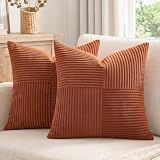 Fancy Homi 2 Packs Rust Boho Decorative Throw Pillow Covers 18x18 Inch for Couch Bed Sofa, Farmhouse Fall Home Decor, Soft Corss Corduroy Patchwork Textured Terracotta Accent Cushion Case 45x45 cm