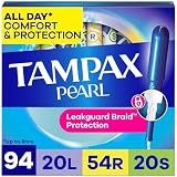 Tampax Pearl Tampons for Women Multipack, with LeakGuard Braid, Light/Regular/Super Absorbency, Unscented, 94 Count (2 Packs of 47) (Packaging May Vary)