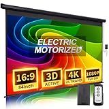 Projector Screen Motorized 84 Inch 16:9 HD Electric Projector Screen Pull Down with Remote, Automatic Projector Screens Wall Ceiling Mount Movie Screens for Projectors Outdoor Indoor, Black