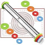 Rolling Pin and Pastry Baking Mat Set, Rolling Pins with Adjustable Thickness Rings, Stainless Steel Dough Roller for Baking Fondant, Pizza, Pie, Pastry, Pasta, Cookies (Red Mat)