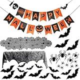 Indoor/Outdoor Halloween Decor Set - Mantel Scarf, Spider Table Runner, 3D Bats & Spiders, Happy Halloween Banner