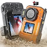 8K Digital Camera WiFi 33FT Underwater Camera for Snorkeling 70MP Waterproof Camera with 64GB Card Rugged Dustproof Shockproof Dual-Screen Selfie Autofocus Point and Shoot Digital Camera(Orange)