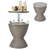 Giantex Outdoor Ice Cooler Side Table with Adjustable Height, 8 Gal Beverage Bucket with Drain Plug, Rattan Patio Bar Table for Poolside, Deck, BBQ & Backyard Parties (Taupe)