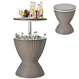 Giantex Outdoor Ice Cooler Side Table with Adjustable Height, 8 Gal Beverage Bucket with Drain Plug, Rattan Patio Bar Table for Poolside, Deck, BBQ & Backyard Parties (Taupe)
