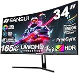 SANSUI 34-Inch Curved Gaming Monitor UWQHD 3440 x 1440 Up to 165Hz Curved 1500R - PIP/PBP, 1ms(MPRT), HDR, 300nits, sRGB 125%, DCI-P3 95%,FreeSync,HDMIx2,DP1.4x2 (DP Cable Included)